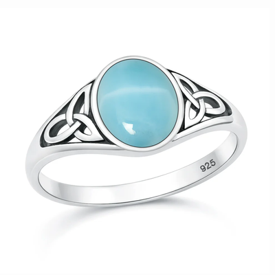 Sterling Silver Oxidized And Polished Triquetra Celtic Knot Larimar Stone Ring