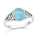 Sterling Silver Oxidized And Polished Triquetra Celtic Knot Larimar Stone Ring