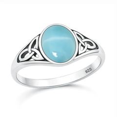 Sterling Silver Oxidized And Polished Triquetra Celtic Knot Larimar Stone Ring