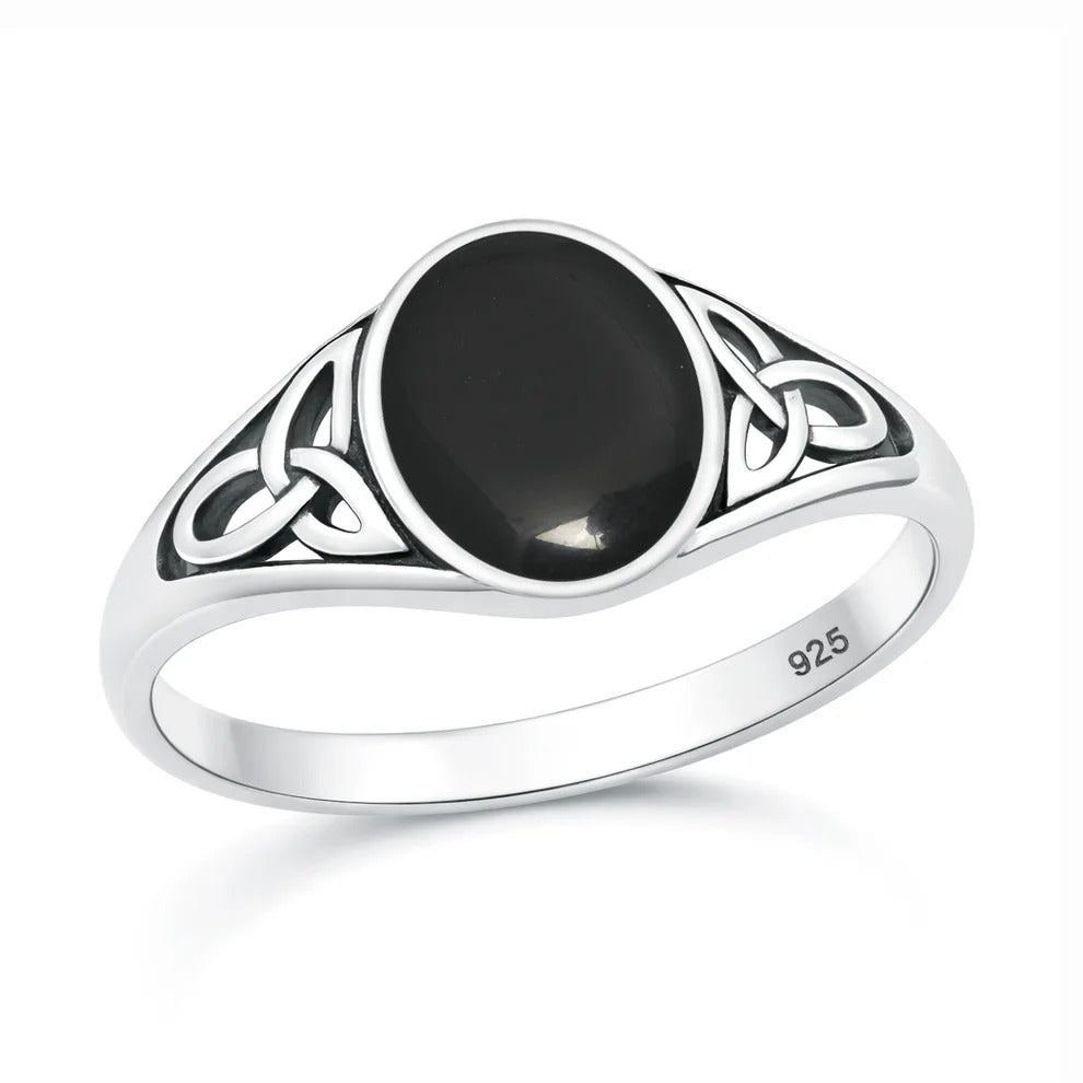 Sterling Silver Oxidized And Polished Celtic Knot Black Agate Stone Ring