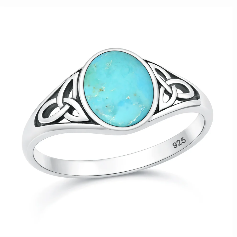 Sterling Silver Oxidized And Polished Celtic Knot Turquoise Stone Ring