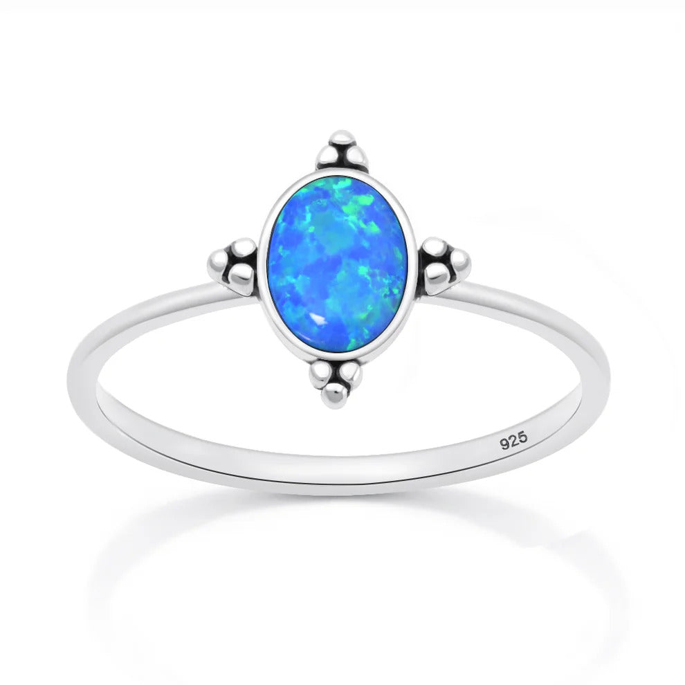 Sterling Silver Oxidized And Polished Blue Lab Opal Ring