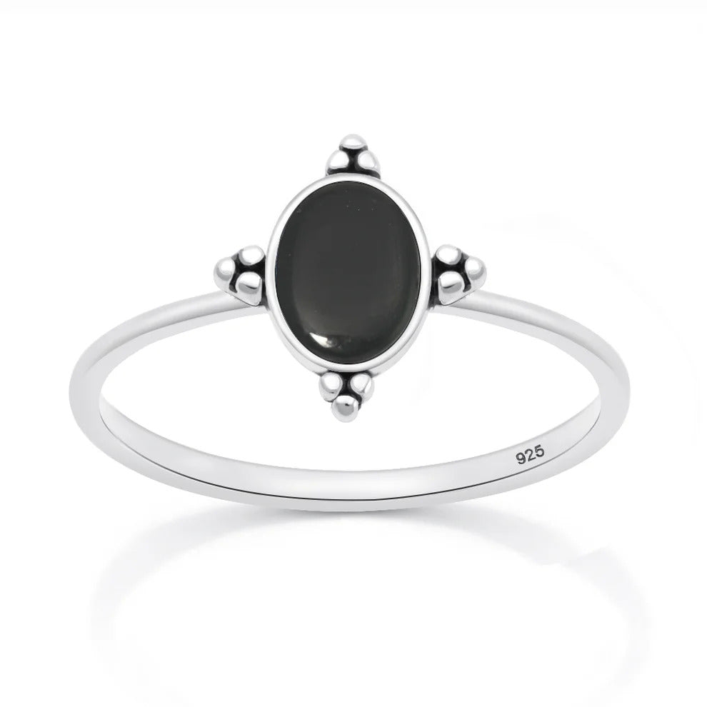 Sterling Silver Oxidized And Polished Black Agate Stone Ring