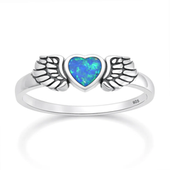 Sterling Silver Oxidized And Polished Heart And Wings Blue Lab Opal Ring