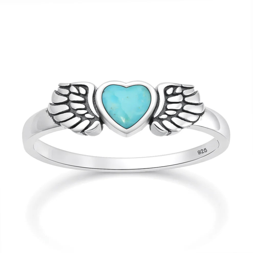 Sterling Silver Oxidized And Polished Heart And WingsTurquoise Stone Ring