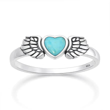 Load image into Gallery viewer, Sterling Silver Oxidized And Polished Heart And WingsTurquoise Stone Ring