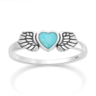 Sterling Silver Oxidized And Polished Heart And WingsTurquoise Stone Ring
