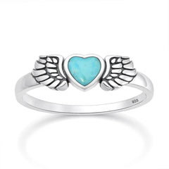 Sterling Silver Oxidized And Polished Heart And WingsTurquoise Stone Ring