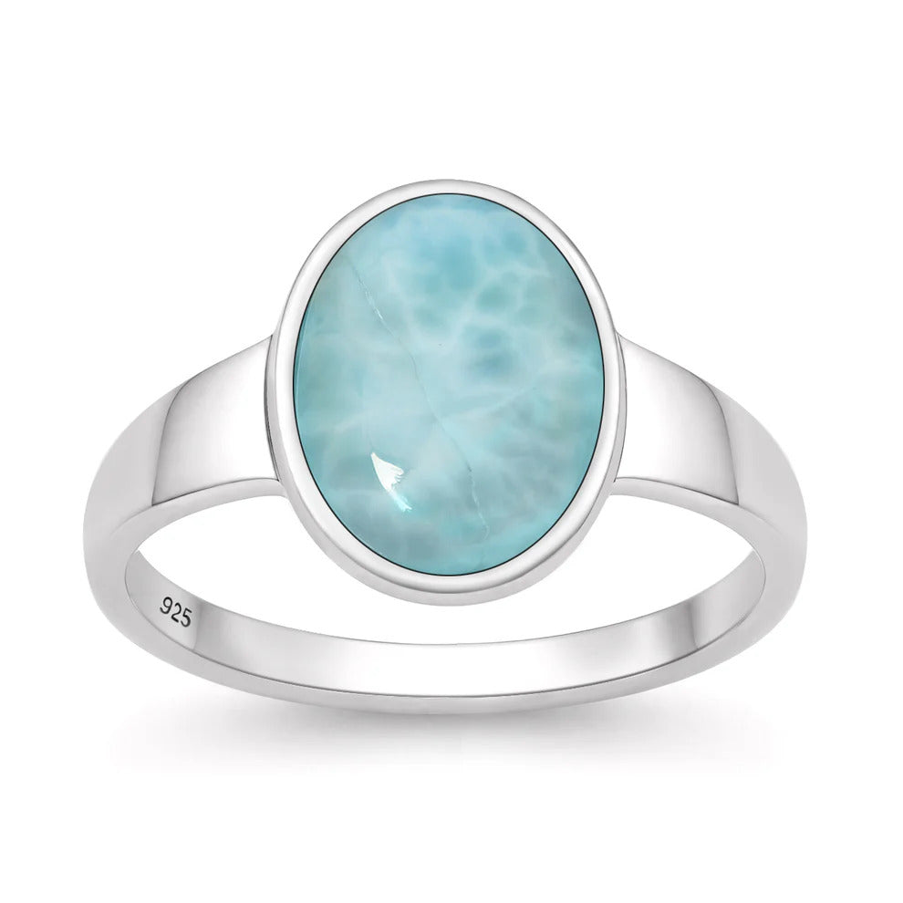 Sterling Silver Oxidized And Polished Oval Larimar Stone Ring