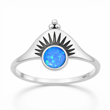 Load image into Gallery viewer, Sterling Silver Oxidized And Polished Sunburst Blue Lab Opal Ring