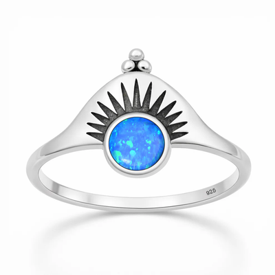Sterling Silver Oxidized And Polished Sunburst Blue Lab Opal Ring