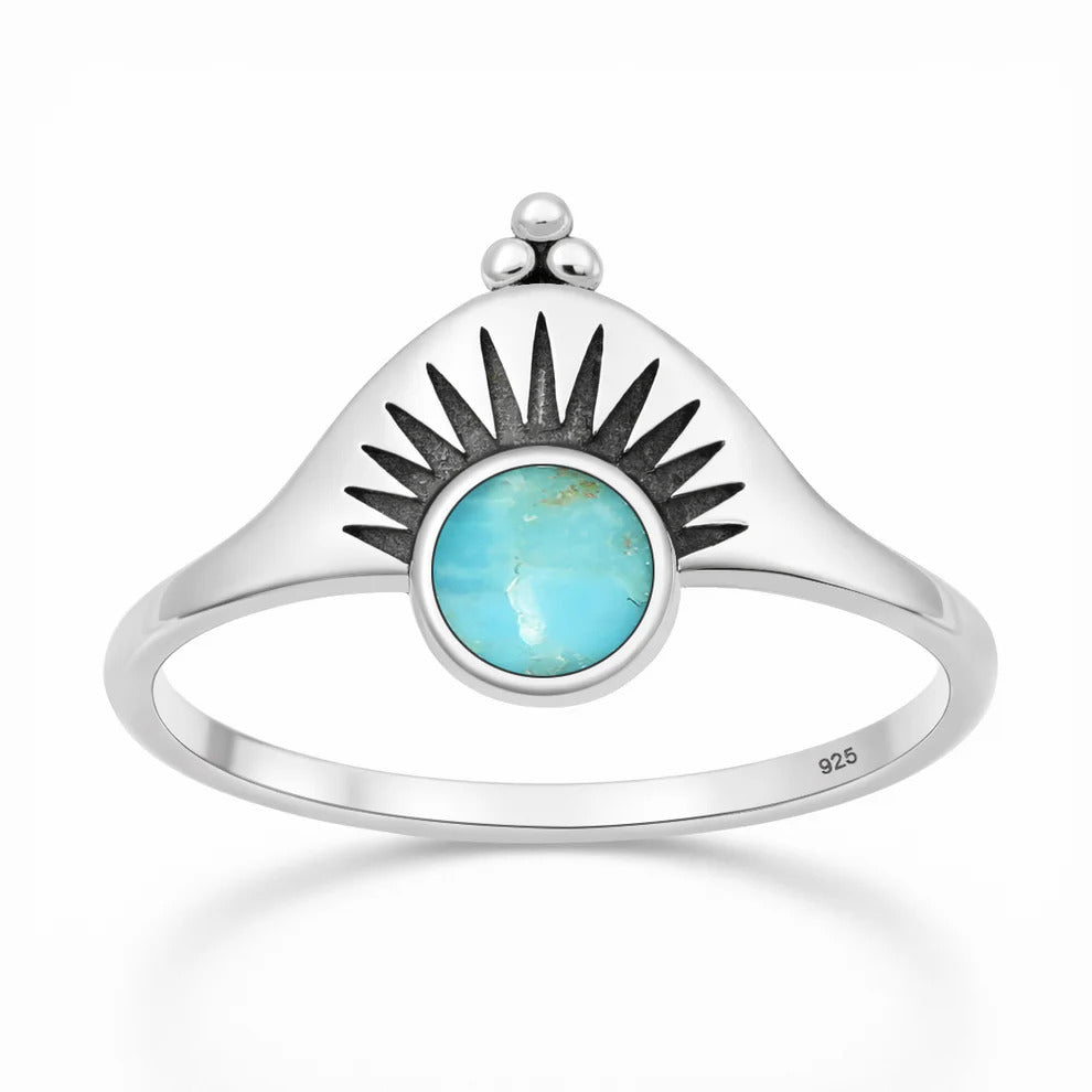 Sterling Silver Oxidized And Polished 12.5mm Sunburst Turquoise Stone Ring