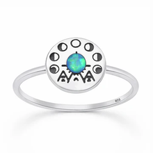 Load image into Gallery viewer, Sterling Silver Oxidized And Polished Tribal Moon Phase Blue Lab Opal Ring