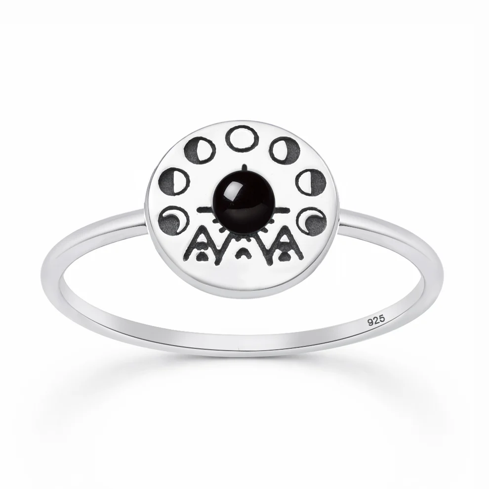 Sterling Silver Oxidized And Polished Tribal Moon Phase Black Onyx Stone Ring