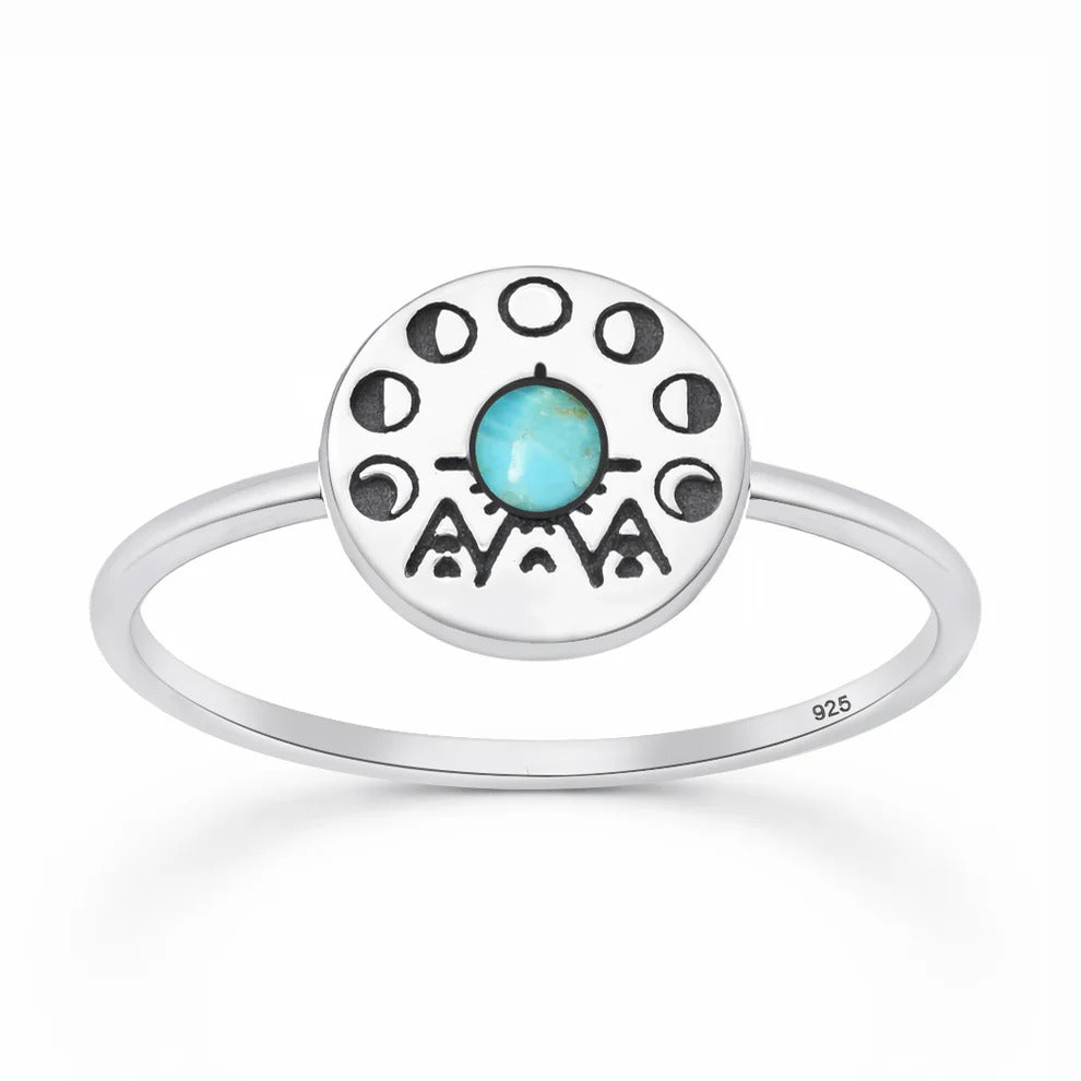 Sterling Silver Oxidized And Polished Tribal Moon Phase Turquoise Stone Ring