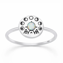 Load image into Gallery viewer, Sterling Silver Oxidized And Polished Tribal Moon Phase White Lab Opal Ring