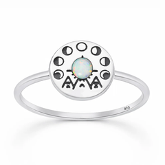 Sterling Silver Oxidized And Polished Tribal Moon Phase White Lab Opal Ring