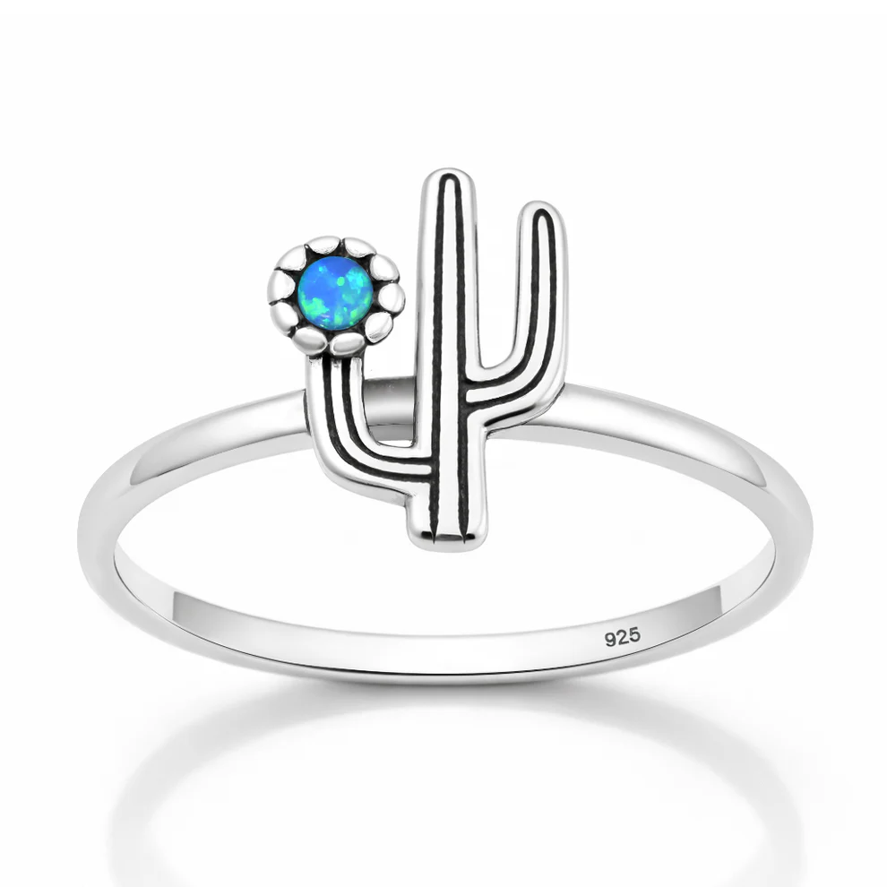Sterling Silver Oxidized And Polished Cactus Blue Lab Opal Ring