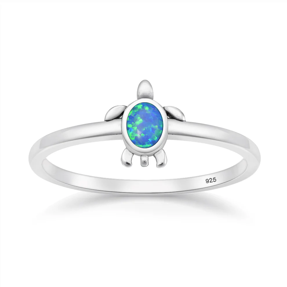 Sterling Silver Oxidized And Polished Turtle Blue Lab Opal Ring