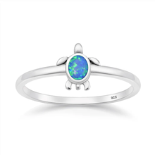 Load image into Gallery viewer, Sterling Silver Oxidized And Polished Turtle Blue Lab Opal Ring