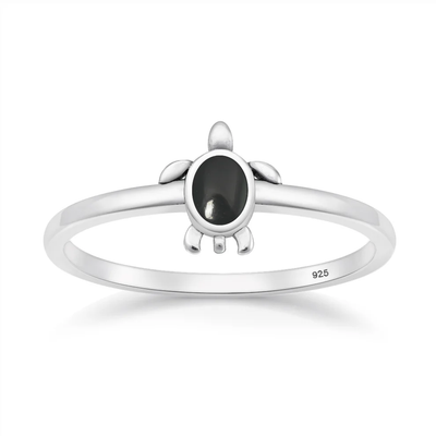 Sterling Silver Oxidized And Polished Turtle Black Onyx Stone Ring