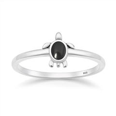 Sterling Silver Oxidized And Polished Turtle Black Onyx Stone Ring