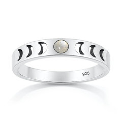 Sterling Silver Oxidized And Polished Moon Phases Moonstone Stone Ring