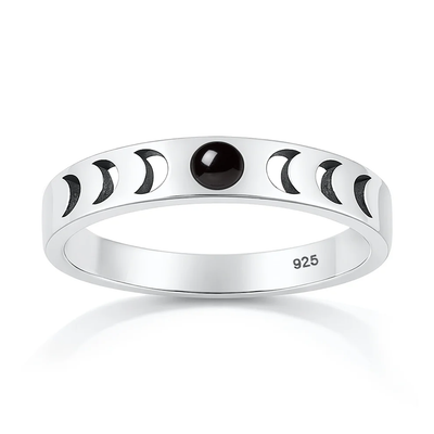 Sterling Silver Oxidized And Polished Moon Phases Black Onyx Stone Ring