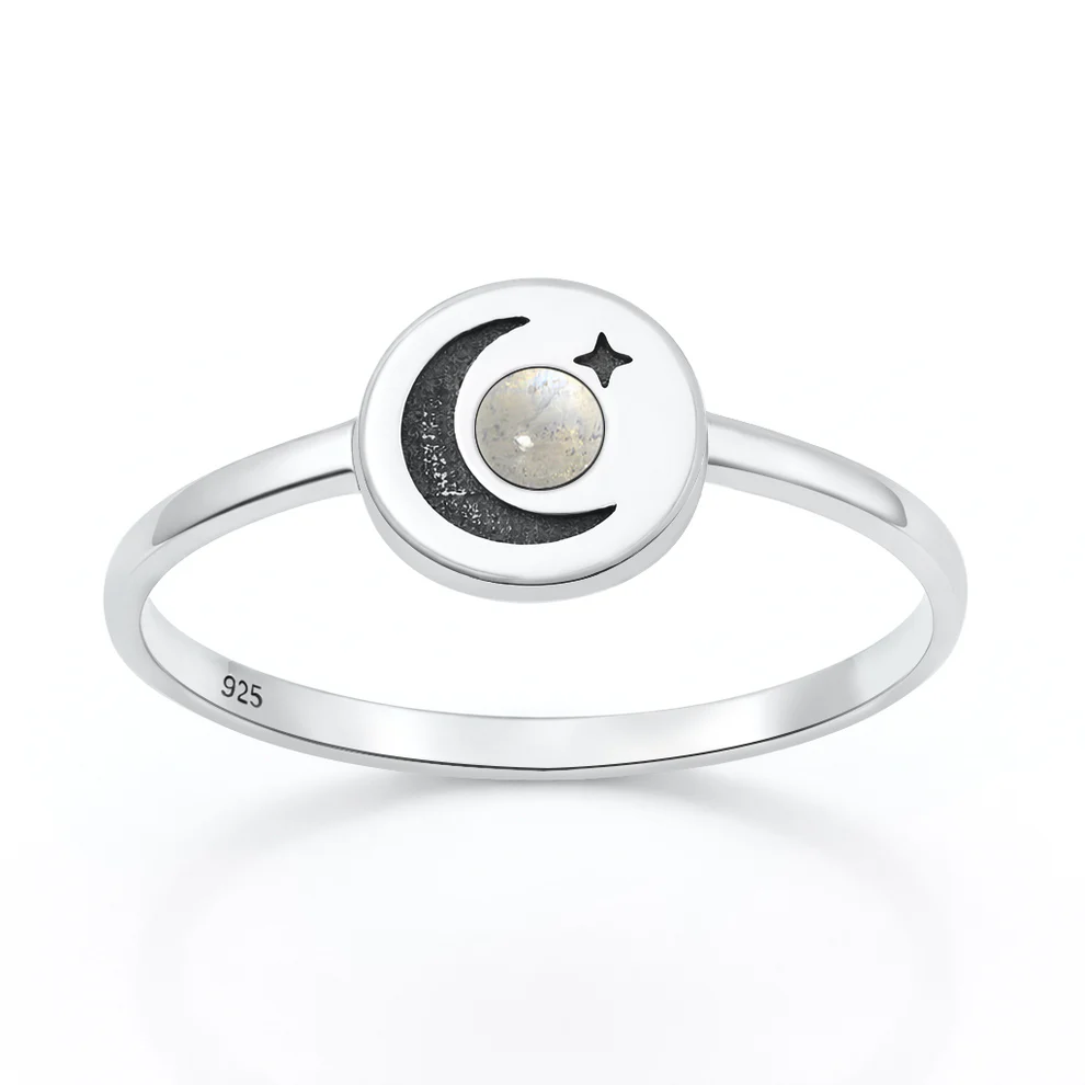 Sterling Silver Oxidized And Polished Moon And Star Moonstone Stone Ring