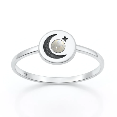 Sterling Silver Oxidized And Polished Moon And Star Moonstone Stone Ring