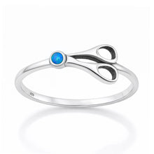 Load image into Gallery viewer, Sterling Silver Oxidized And Polished Scissors Blue Lab Opal Ring