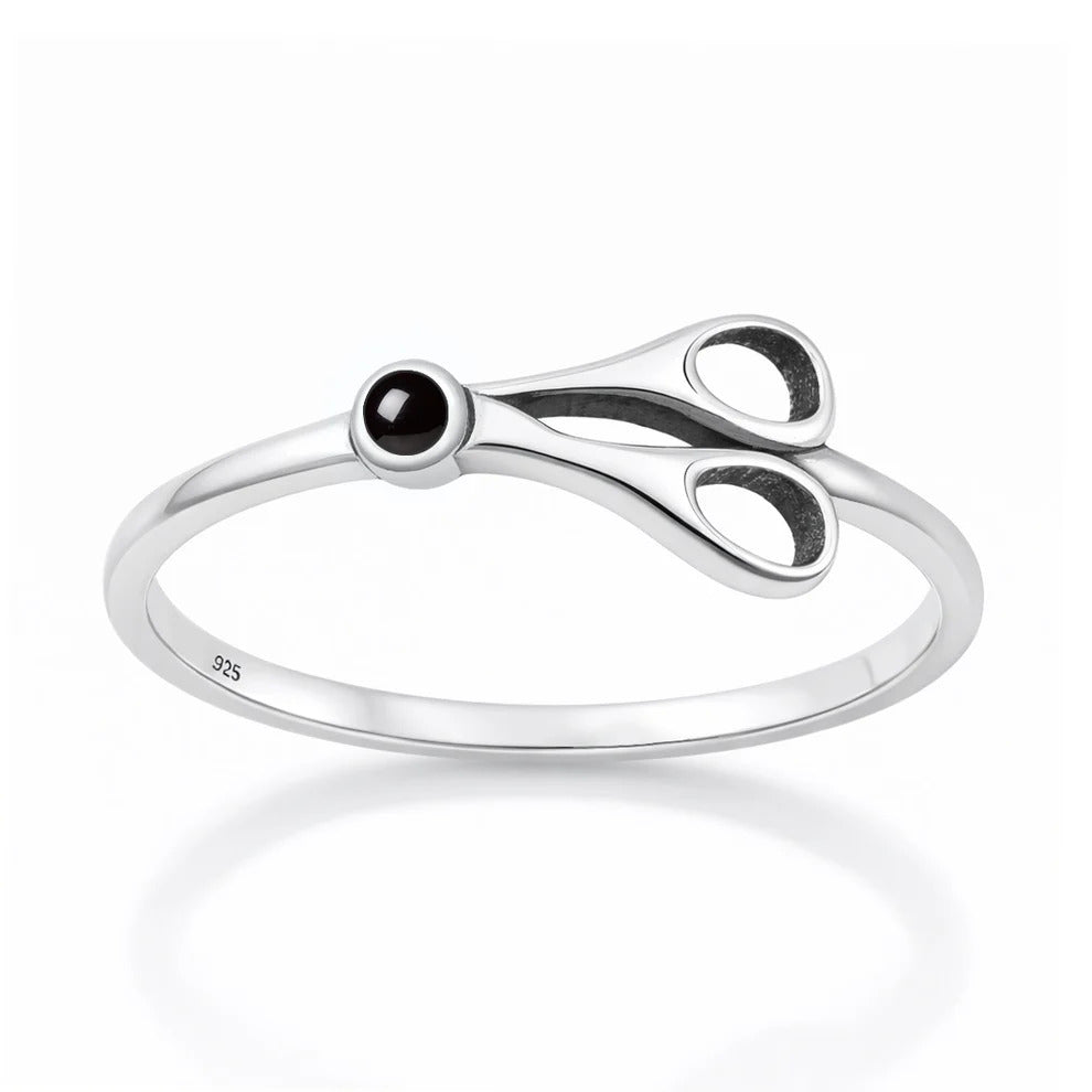 Sterling Silver Oxidized And Polished Scissors Black Agate Stone Ring
