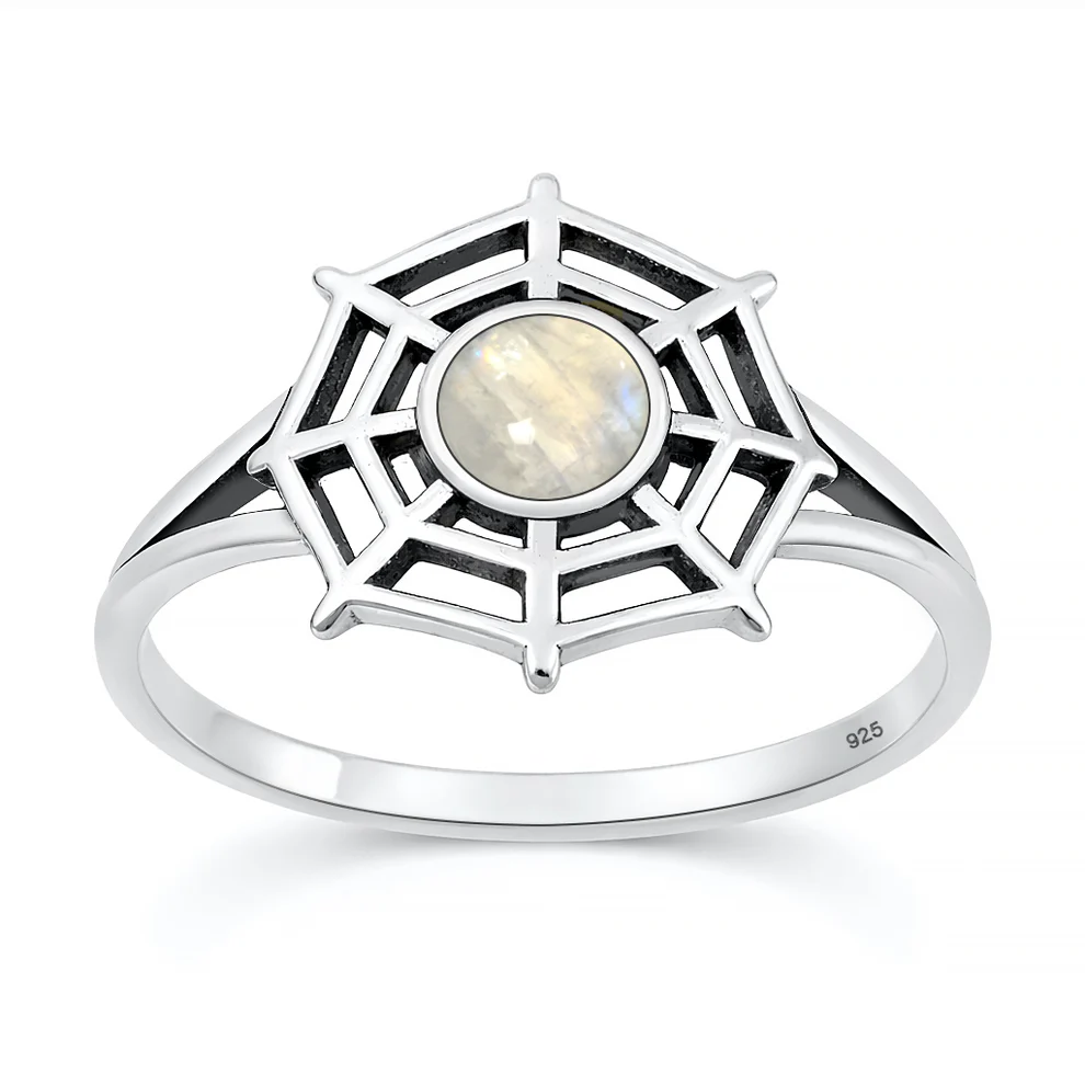Sterling Silver Oxidized And Polished Spiderweb Moonstone Ring