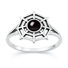 Load image into Gallery viewer, Sterling Silver Oxidized And Polished Spiderweb Black Onyx Stone Ring