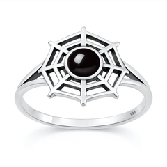 Sterling Silver Oxidized And Polished Spiderweb Black Onyx Stone Ring