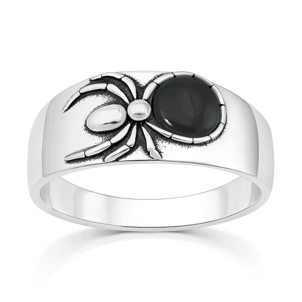 Sterling Silver Oxidized And Polished Black Agate Stone Spider Ring