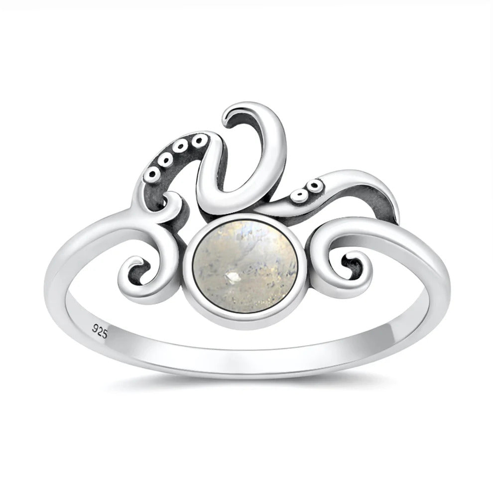 Sterling Silver Oxidized And Polished Octopus Tentacles Moonstone Ring