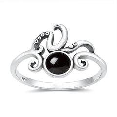 Sterling Silver Oxidized And Polished Octopus Tentacles Black Agate Stone Ring