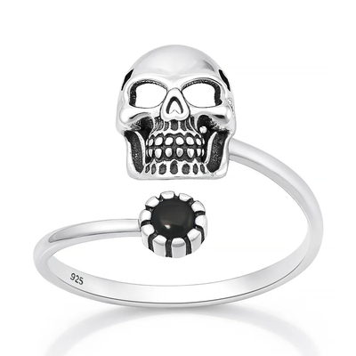 Sterling Silver Oxidized And Polished Skull Black Onyx Stone Ring