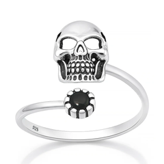 Sterling Silver Oxidized And Polished Skull Black Onyx Stone Ring