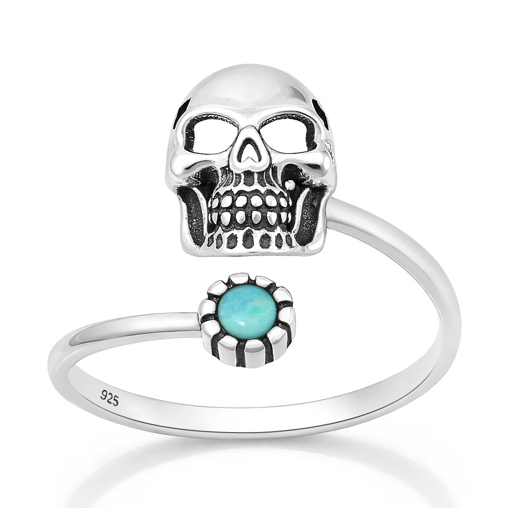 Sterling Silver Oxidized And Polished Skull Turquoise Stone Ring
