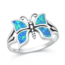 Load image into Gallery viewer, Sterling Silver Oxidized And Polished Butterfly Blue Lab Opal Ring