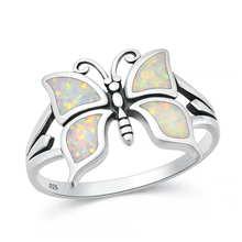 Load image into Gallery viewer, Sterling Silver Oxidized And Polished Butterfly White Lab Opal Ring
