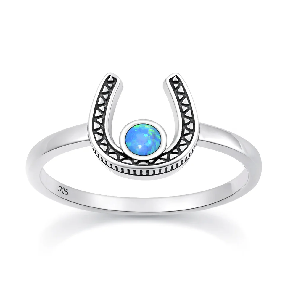 Sterling Silver Oxidized And Polished Horseshoe Blue Lab Opal Ring