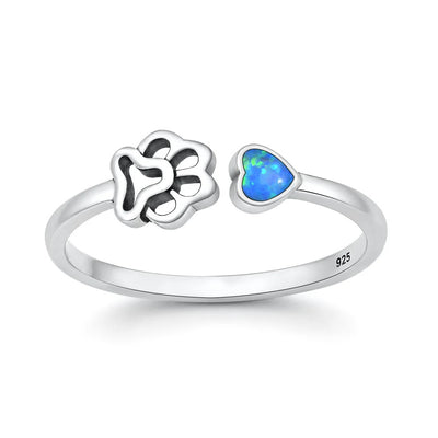 Sterling Silver Oxidized And Polished Paw Print Blue Lab Opal Ring