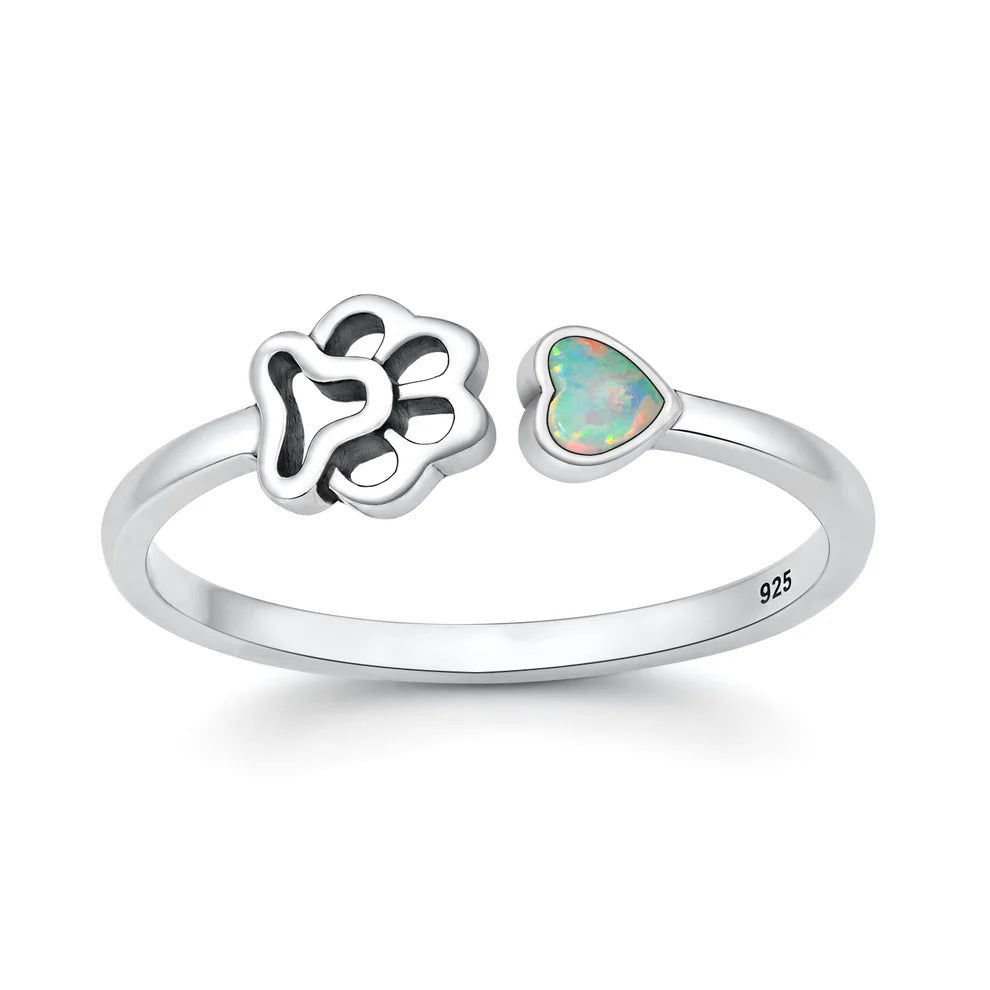 Sterling Silver Oxidized And Polished Paw Print White Lab Opal Ring