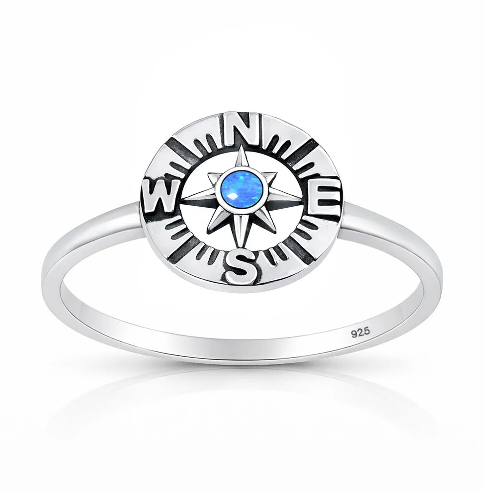 Sterling Silver Oxidized And Polished Compass Blue Lab Opal Ring