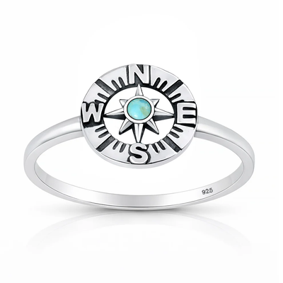Sterling Silver Oxidized And Polished Compass Genuine Turquoise Stone Ring