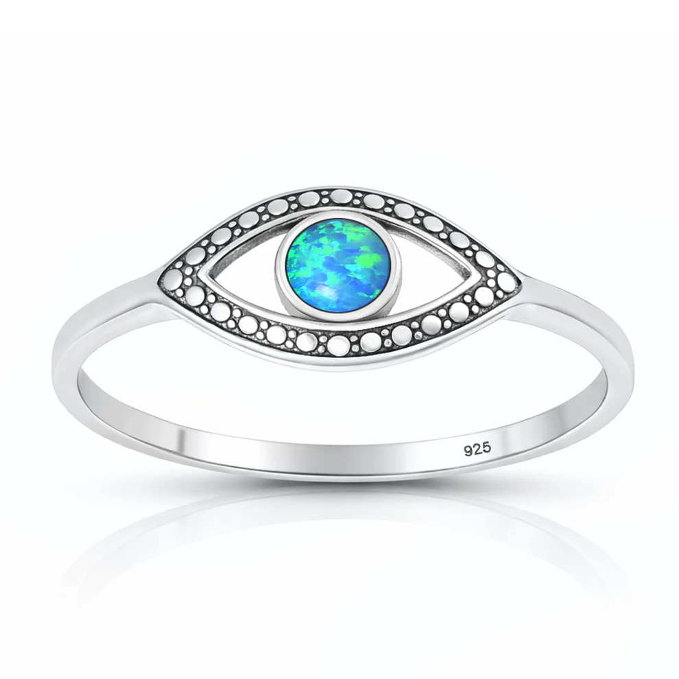 Sterling Silver Oxidized And Polished Evil Eye Blue Lab Opal Ring