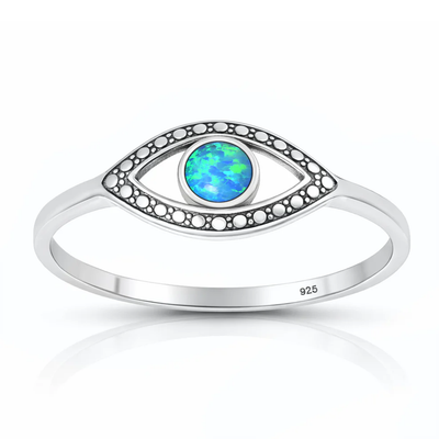 Sterling Silver Oxidized And Polished Evil Eye Blue Lab Opal Ring